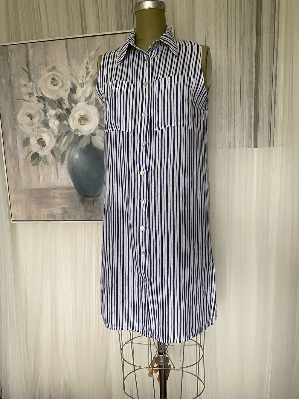 Sleeveless Navy and White Made in Italy 🇮🇹 by Pistache Striped Shirt Dress S